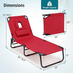 GYMAX Tanning Chair, 330lbs Beach Lounge Chair with Face Hole, Detachable Washable Pillow & Carry Strap, Adjustable Folding Chaise Lounge, Layout Chair for Outside, Patio, Poolside, Lawn (1, Red)