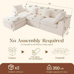 Benazcap 110" Cloud Sectional Couches for Living Room, L-Shaped Convertible Sofa, 3-Seat Modular Boneless Couch with Movable Ottoman, Beige