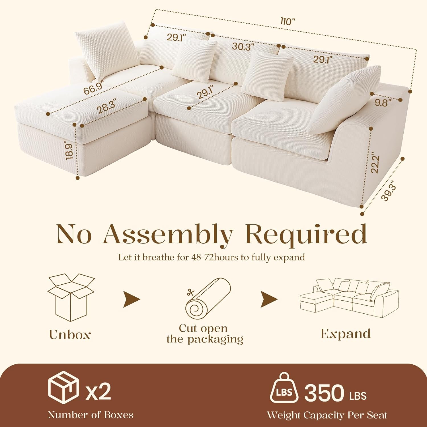 Benazcap 110" Cloud Sectional Couches for Living Room, L-Shaped Convertible Sofa, 3-Seat Modular Boneless Couch with Movable Ottoman, Beige