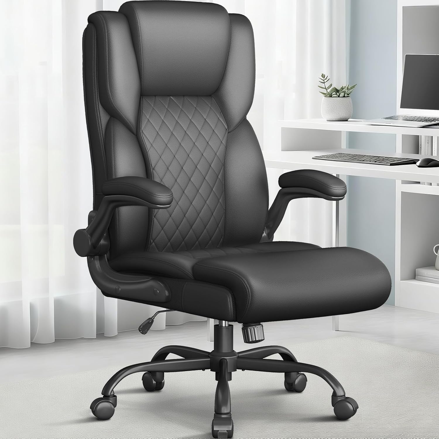 Office Chair,Big and Tall Office Chair,Home Desk Computer Chair, Executive Leather Computer Chair with Lumbar Support& Flip-Up Arms, Rocking Function Swivel Chair for Home Office,Black