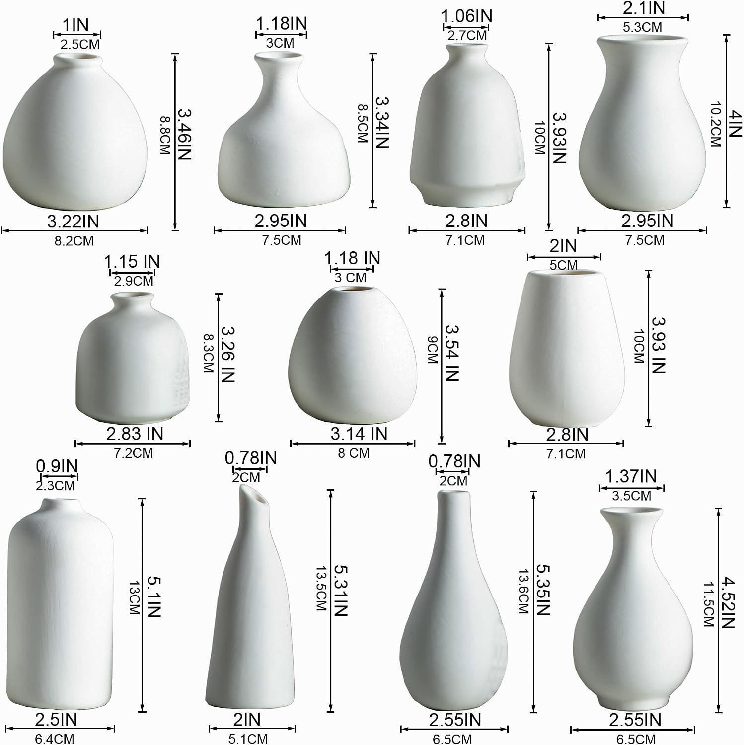 JOJUNO White Bud Vases, Small Ceramic Vase Set of 11, Mini Pottery Vases for Flowers, Decorative Pieces for Home Modern Decor, Boho Decor, Chic Accents for Living Room Dining Table Shelves