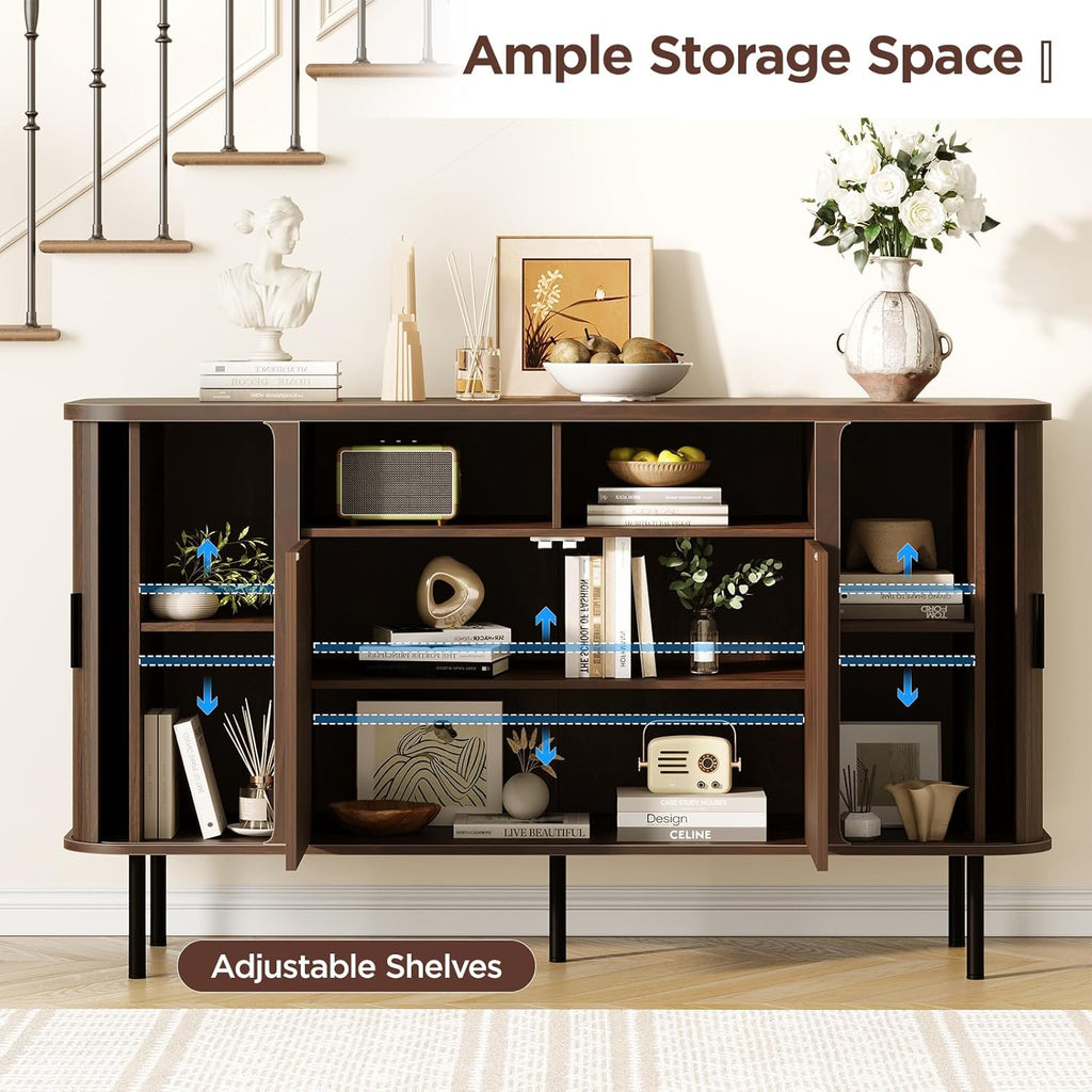 55'' Fluted Cabinet with Storage, Walnut Buffet Cabinet Sideboard with Sliding Door & Adjustable Shelves, Mid Century Coffee Bar, Curved Edge Design Storage Cabinet for Kitchen, Living Room, Entry