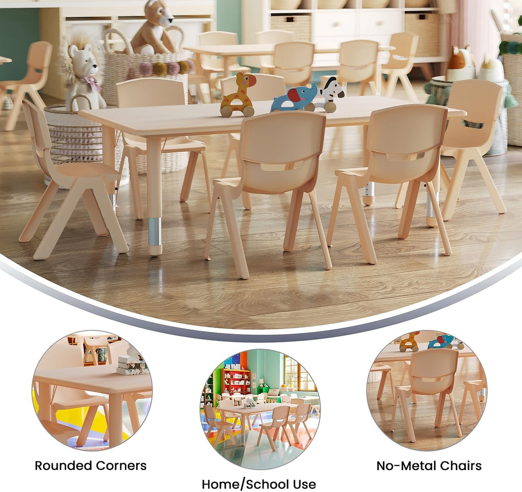 Flash Furniture Emmy Adjustable Classroom Activity Table with 6 Stackable Chairs, Plastic Activity Table for Kids, 23.625" W x 47.25" L, Natural