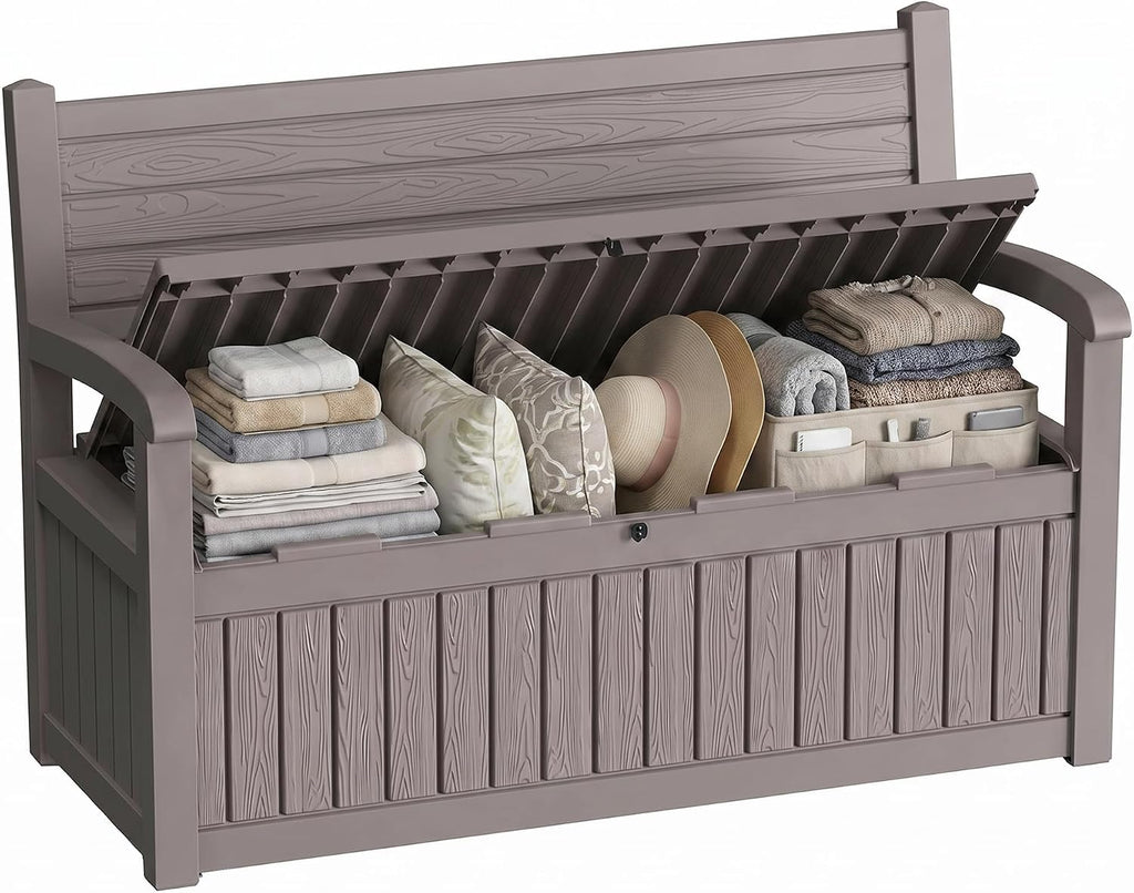 80 Gallon Outdoor Storage Bench Spacious Storage Box Waterproof Resin Deck Box Lockable for Patio, Garden, Livig Room & Outdoor Spaces（Grey）
