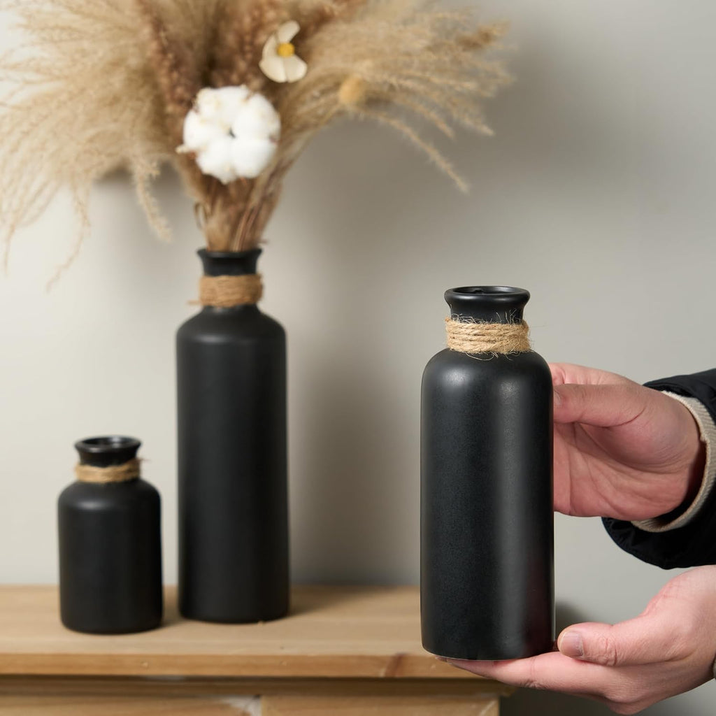 Matte Black Ceramic Vase Set, 3 Pcs Rustic Decorative Vases for Modern Farmhouse Office Home Decor, Living Room Centerpieces Decoration for Table Mantel Entryway Shelves Décor