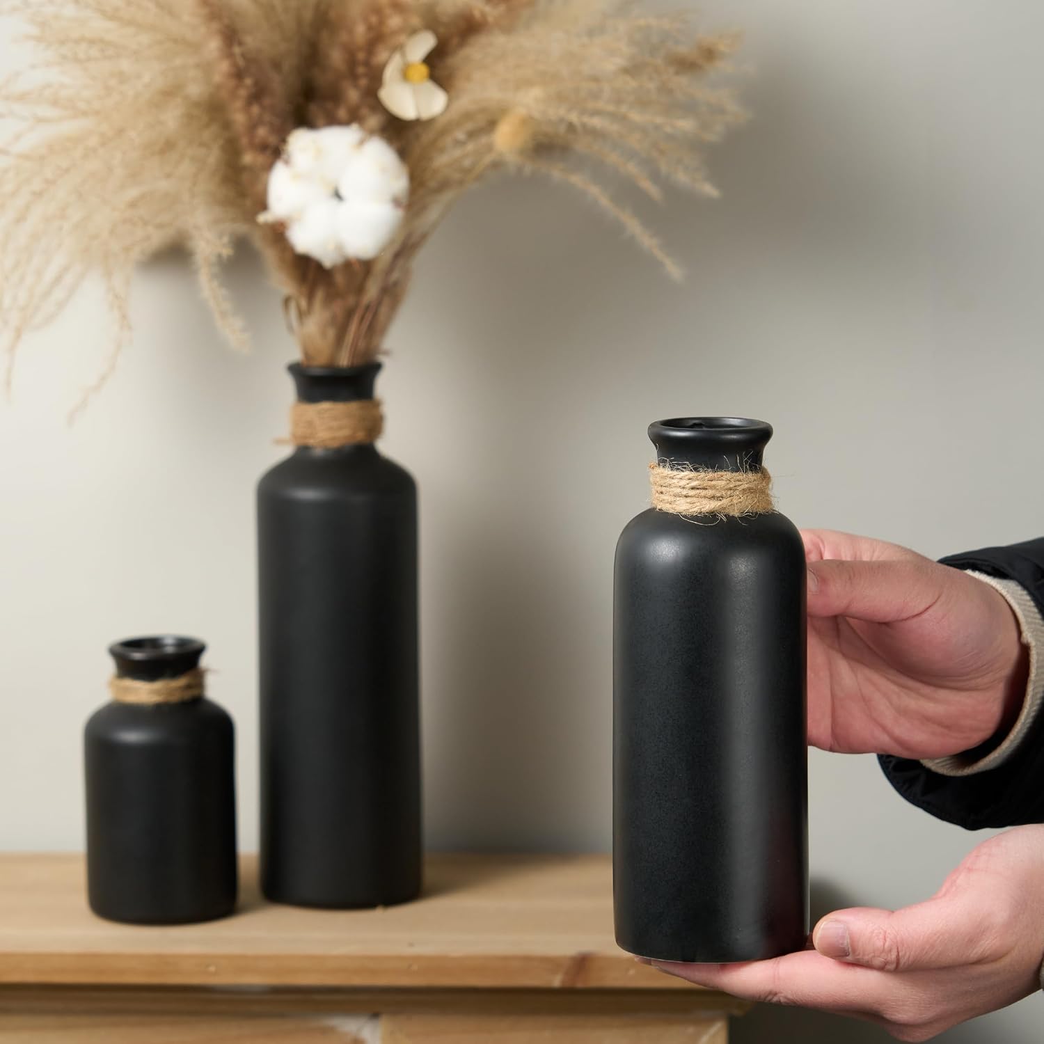 Matte Black Ceramic Vase Set, 3 Pcs Rustic Decorative Vases for Modern Farmhouse Office Home Decor, Living Room Centerpieces Decoration for Table Mantel Entryway Shelves Décor