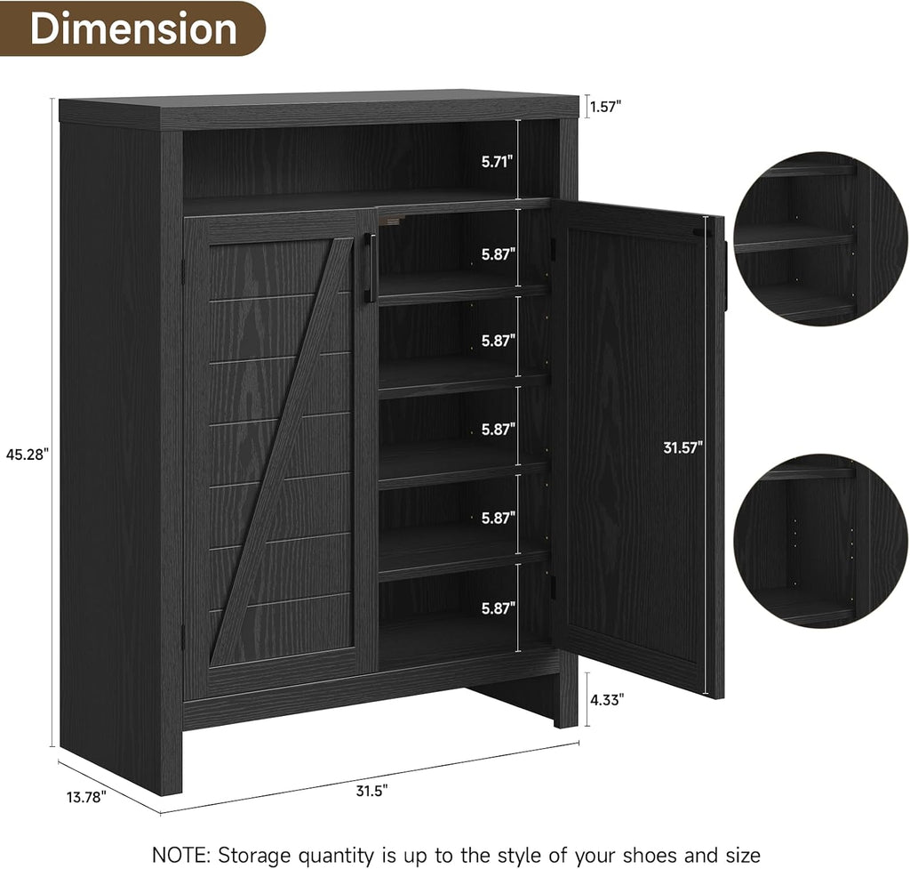 ONBRILL 6-Tier Shoe Cabinet with Doors, Farmhouse Shoe Storage Cabinet with Adjustable Shelves, Large Capacity Wooden Shoe Rack Organizer for Entryway, Hallway, Living Room (Black)