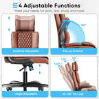 Sytas Ergonomic Office Chair with Adjustable Headrest, Executive Leather Desk Chair with Upgraded Lumbar Support for Lower Back Pain Relief, Thickened Backrest Computer Chair for Home Office, Brown