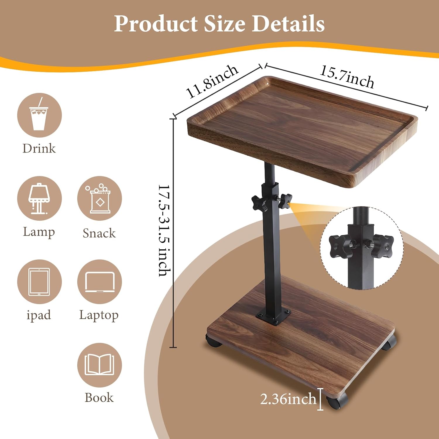 End Table C Table Adjustable Height, 360°Swivel TV Tray Table for Small Spaces, Couch Tables that Slide Under, C Shaped Side Tables Living Room and Bedroom for Sofa, Bed,Chair, Snack