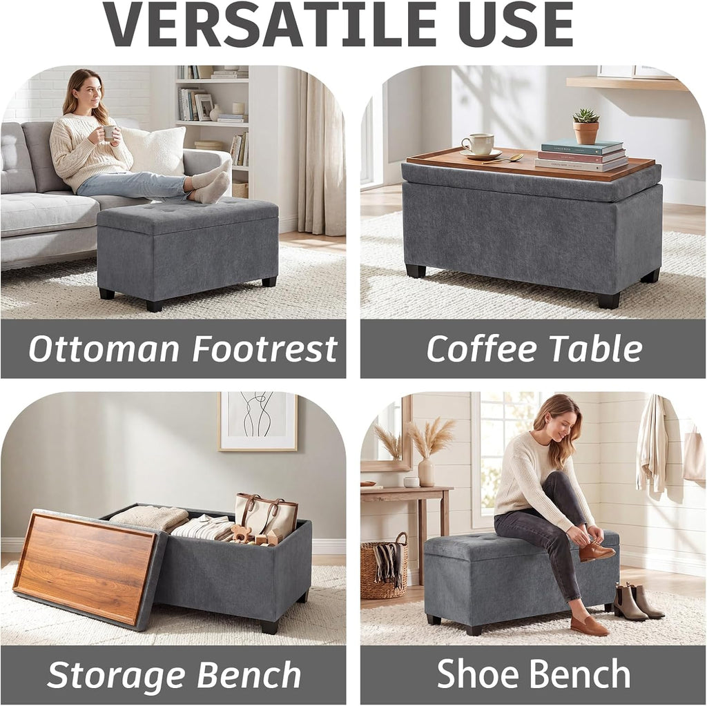 29.5 in Gray Linen Storage Ottoman with Reversible Tray Top | Rectangular Storage Bench, Upholstered Foot Rest Ottoman with Hidden Storage, Coffee Table for Living Room Bedroom Entryway