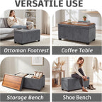 29.5 in Gray Linen Storage Ottoman with Reversible Tray Top | Rectangular Storage Bench, Upholstered Foot Rest Ottoman with Hidden Storage, Coffee Table for Living Room Bedroom Entryway