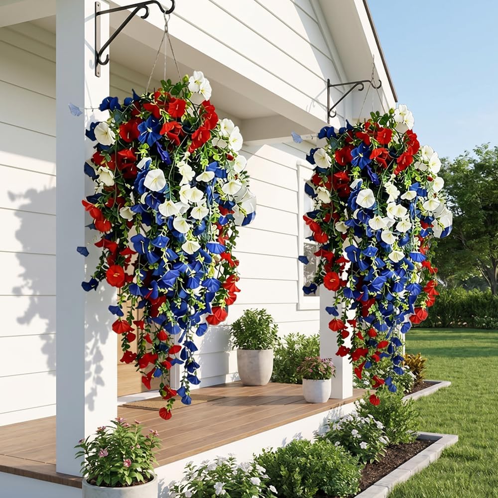 Red White and Blue Hanging Flowers, 2026 New Patriotic Hanging Flower Baskets for 4th of July Decoration, Artificial Flowers for Outdoors Garden Porch Decor (Style A-2PCS)