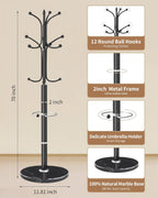 Modern Coat Rack Stand, Metal Freestanding Coat Rack with Natural Marble Base, Heavy-Duty Coat Racks with Umbrella Holder,Black Coat Hanger Stand with 12 Hooks for Office, Entryway, Hallway