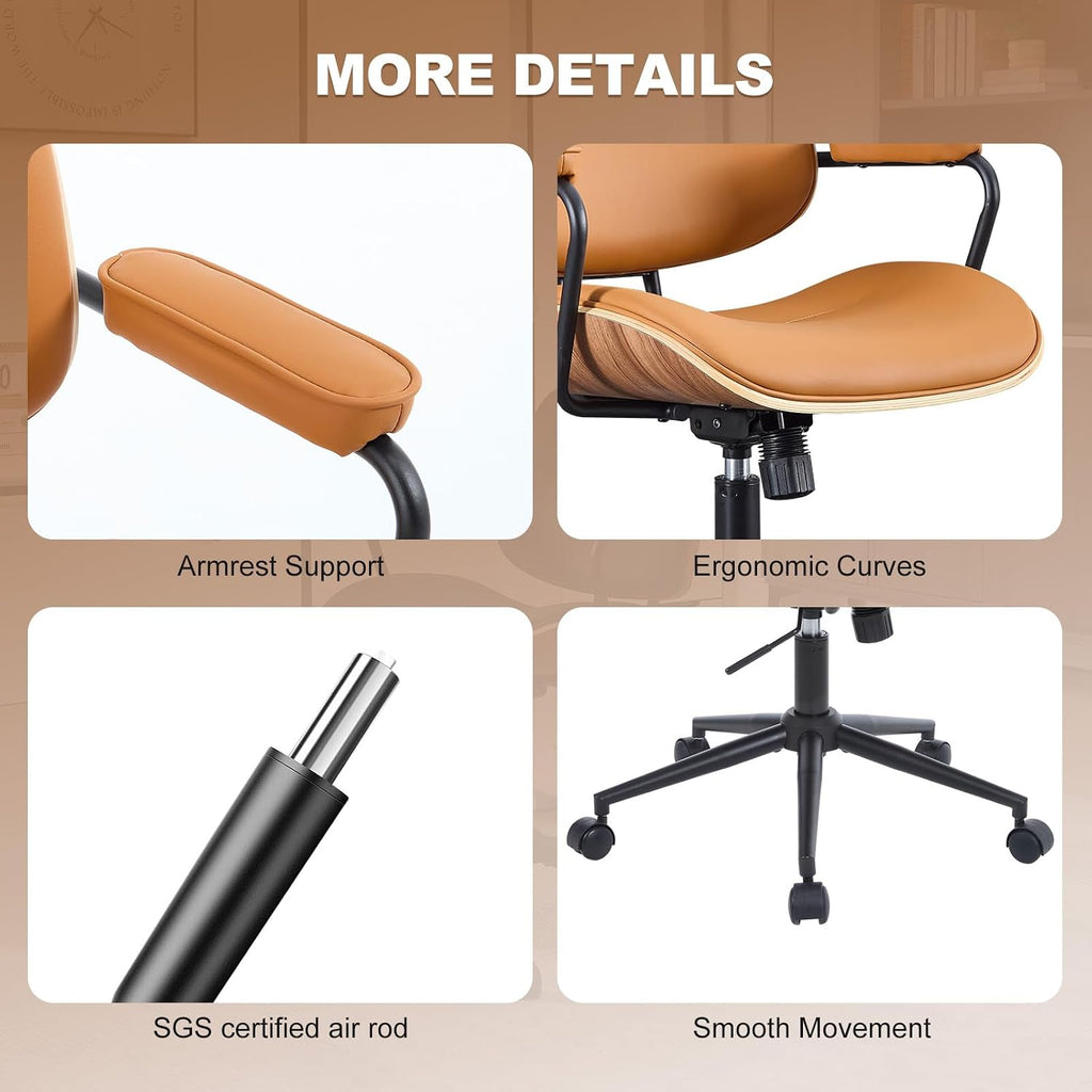 Mid Century Modern Office Chair with Adjustable Backrest, Wooden Desk Chair with Armrests, Swivel Height Adjustable Home Office Chair, Comfortable Task Chair for Home Office, Brown