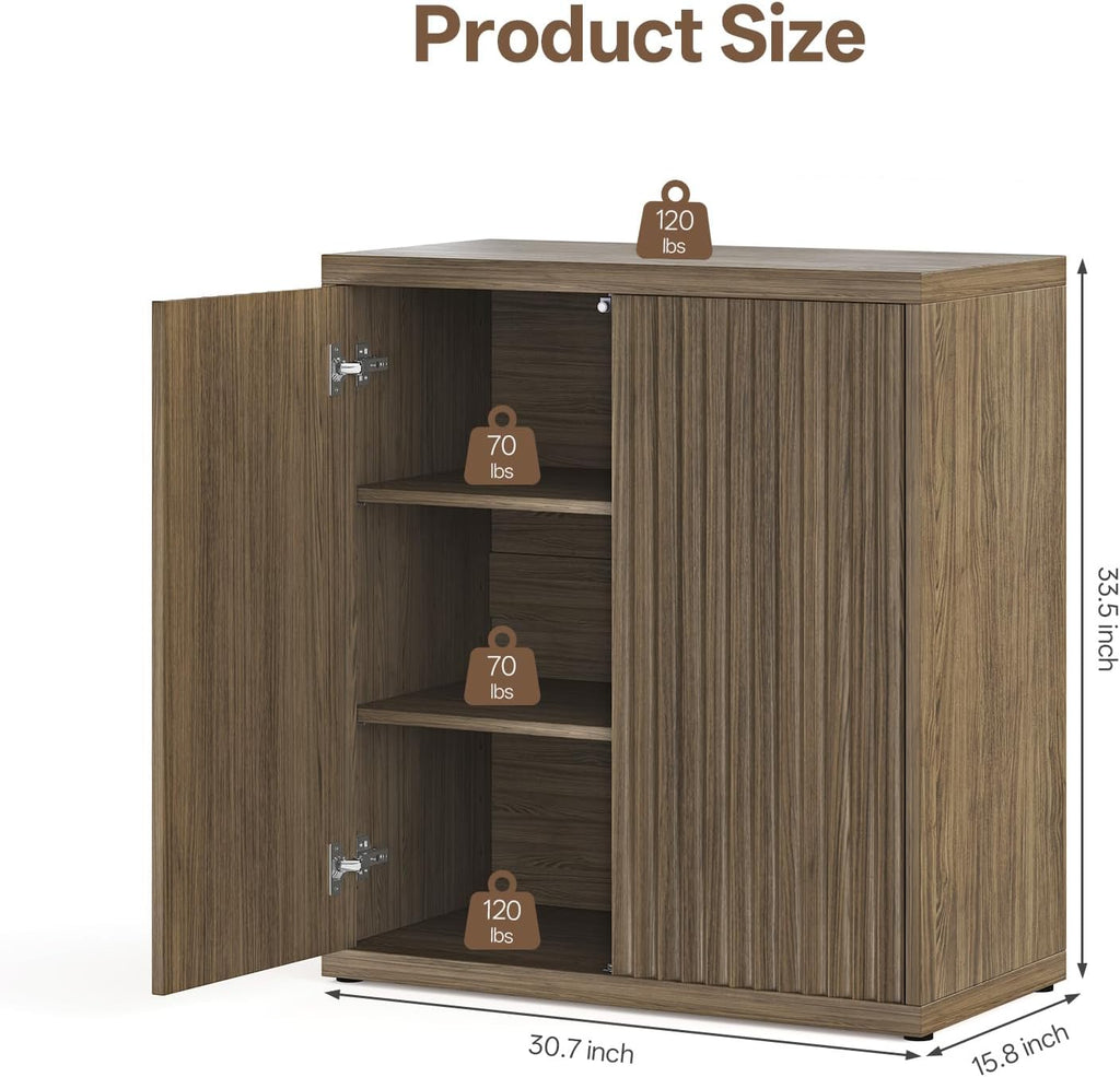 Airynee 31” Sideboard Cabinet with Storage, Fluted Accent Cabinet with Adjustable Shelves, Modern Wood Credenza Cabinets with Pop-up Doors for Entryway Kitchen Living Room Hallway, Brown 3 Pcs