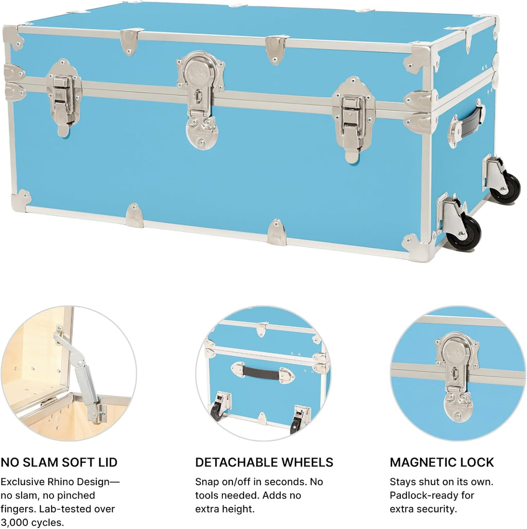 Rhino Trunk & Case Classic Camp & College Trunk with Wheels. 30"x17"x13", 1500+ lbs Capacity - Many Colors, Soft-Close Lid. Strong, USA Made Summer Camp Footlocker and Secure Dorm Storage Chest