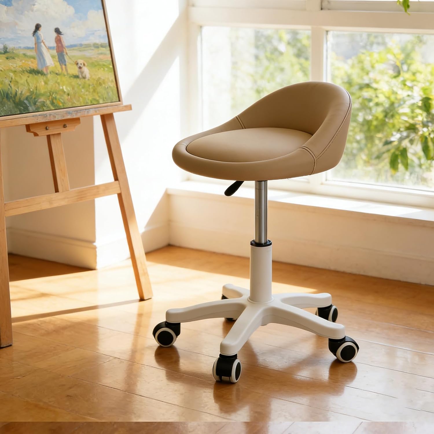 Swivel Rolling Stool with Wheels, Height Adjustable PU Leather Drafting Chair, Round Seat for Salon, Spa, Tattoo, Office, Home Use Khaki Set of 1