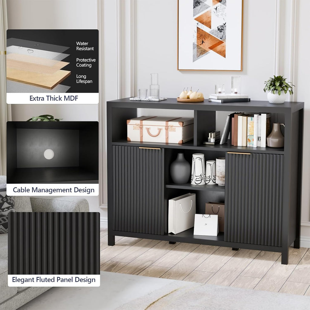 Sideboard Buffet Storage Cabinet, Modern Wood Sideboard with 2 Fluted Doors, Coffee Bar Buffet Table with 4 Large Open Shelf, Accent Storage Cabinet for Living Room Entryway, Black
