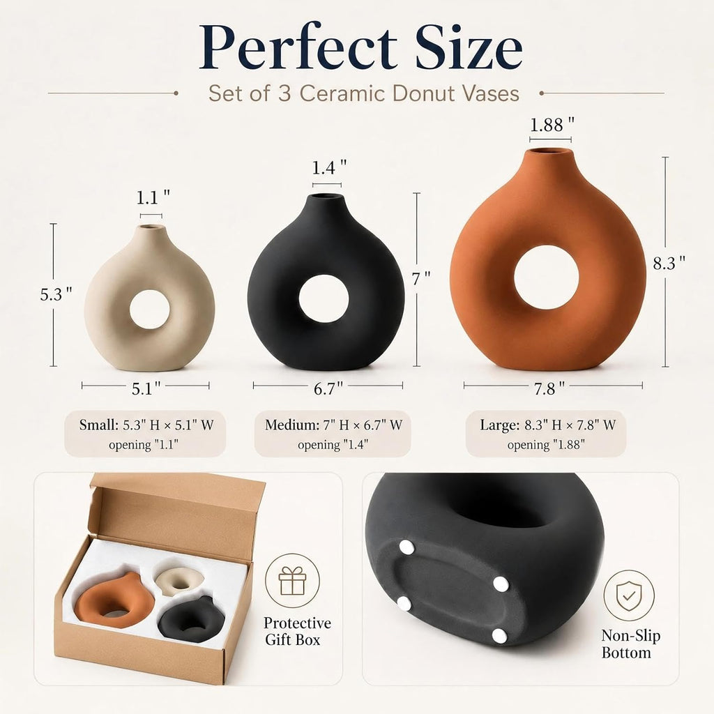 3 Pcs Ceramic Vase Rust for Modern Home Decor Round Circle Matte Boho Donut Vase for Table Decor Living Room Minimalist Nordic, 9.4", 7.7", 5.6"