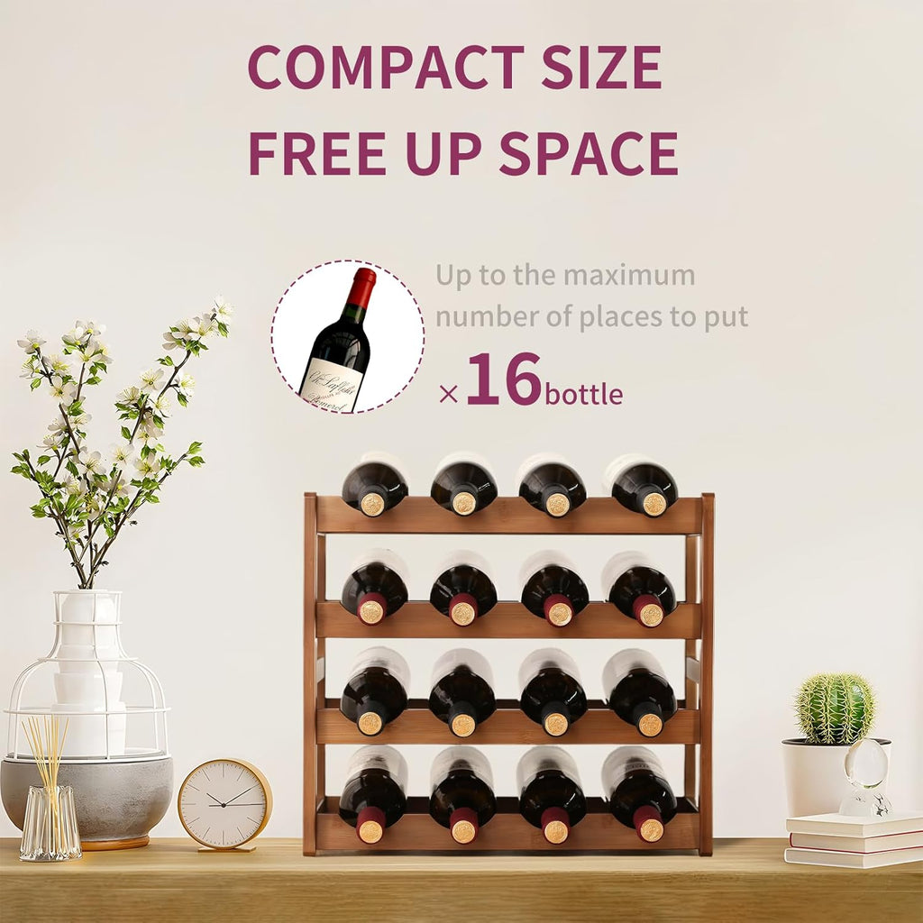 Wine Rack Storage,Bamboo Wine Racks Cabinet Shelf,4-Tier 16 Bottles Freestanding Wine Bottle Holder for Basement,Kitchen,Countertop