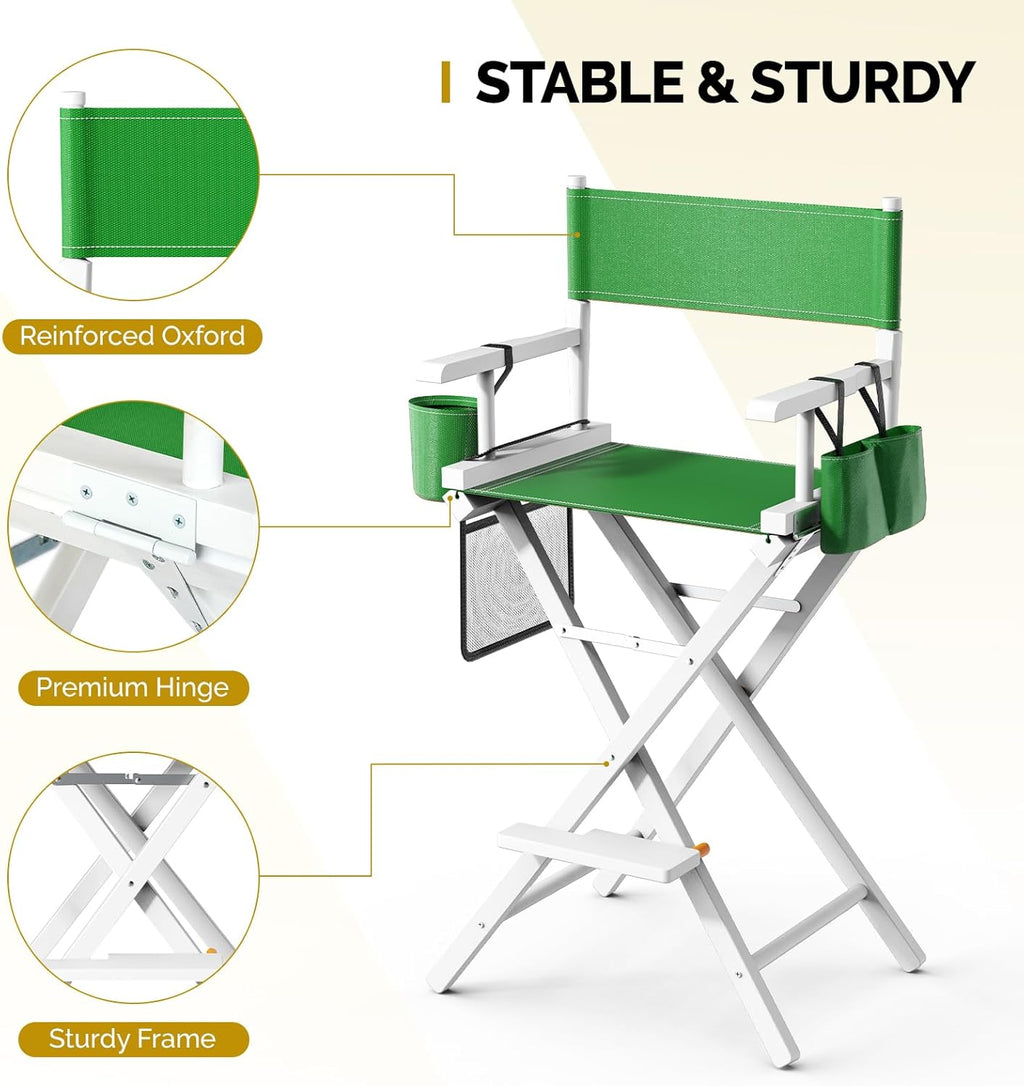 OmySalon Director's Chair 31" Height Folding Portable w/Storage Pouch & Footrest, Makeup Artist Chair for Salon, Events, Mobile, 250lb Capacity, White Wood Frame & Olive Green Canvas Seat