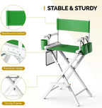 OmySalon Director's Chair 31" Height Folding Portable w/Storage Pouch & Footrest, Makeup Artist Chair for Salon, Events, Mobile, 250lb Capacity, White Wood Frame & Olive Green Canvas Seat