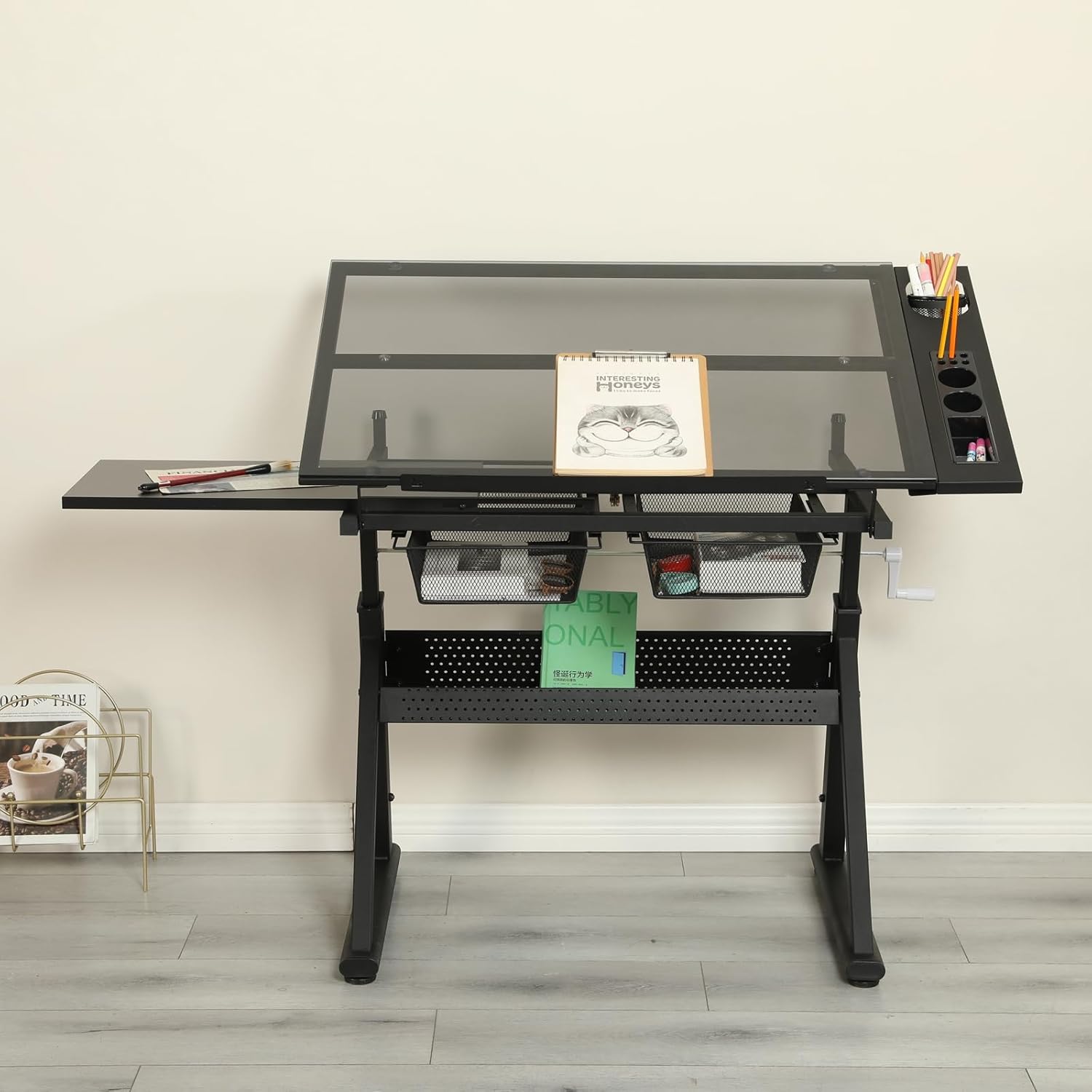 Drafting Table with Stool, Upgraded Height Adjustable Drawing Desk Art Table Drafting Desk with 0-75° Tilting Glass Tabletop and More Storage for Home Office, Type 2-Black