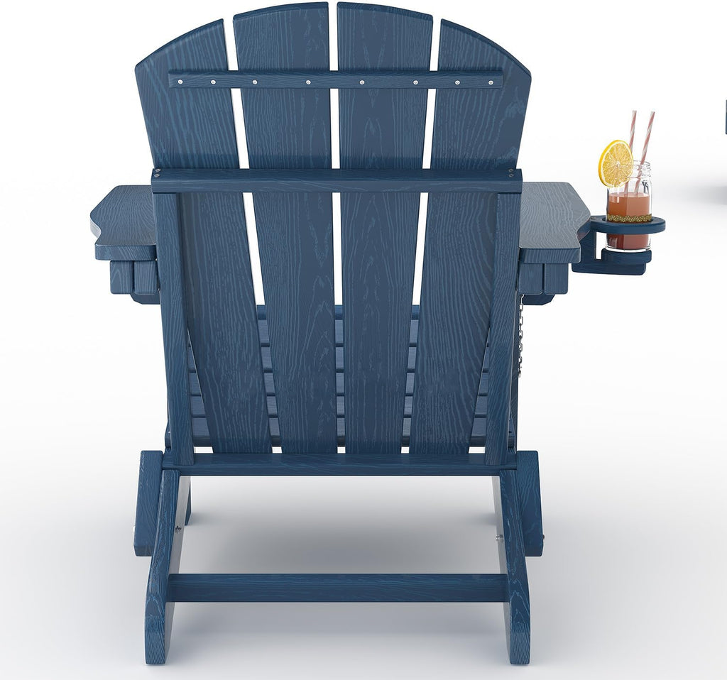 Garvee Folding Adirondack Chair Set of 6, HDPE Outdoor Patio Chair with Cup Holder, All Weather Resistent Wooden Textured for patios, Decks, Gardens, fire Pit, Navy Blue