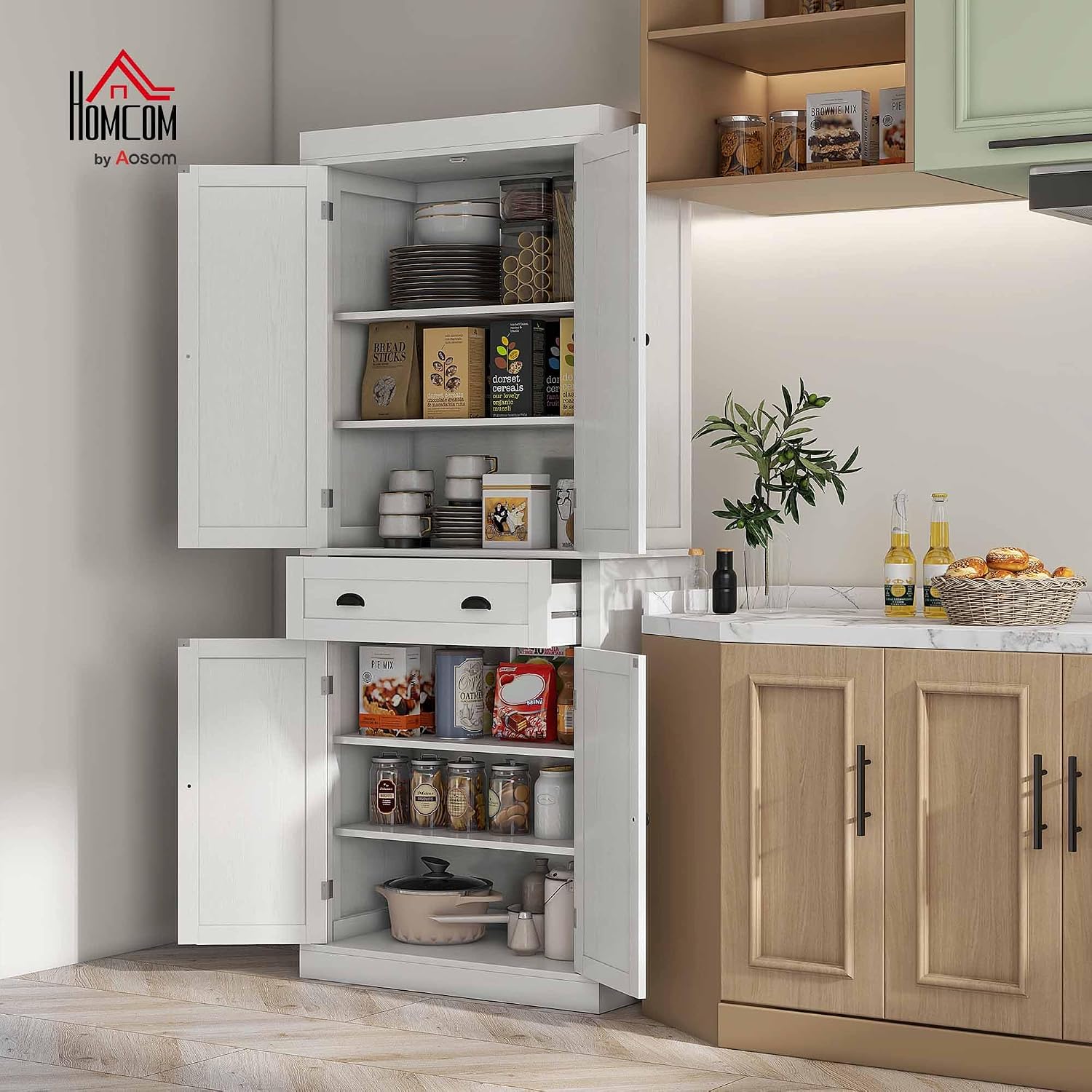 HOMCOM 72.5" Kitchen Pantry Cabinet, Traditional Freestanding Storage Cabinet with 4 Doors, Drawer and 3 Adjustable Shelves for Dining Room, White Wood Grain