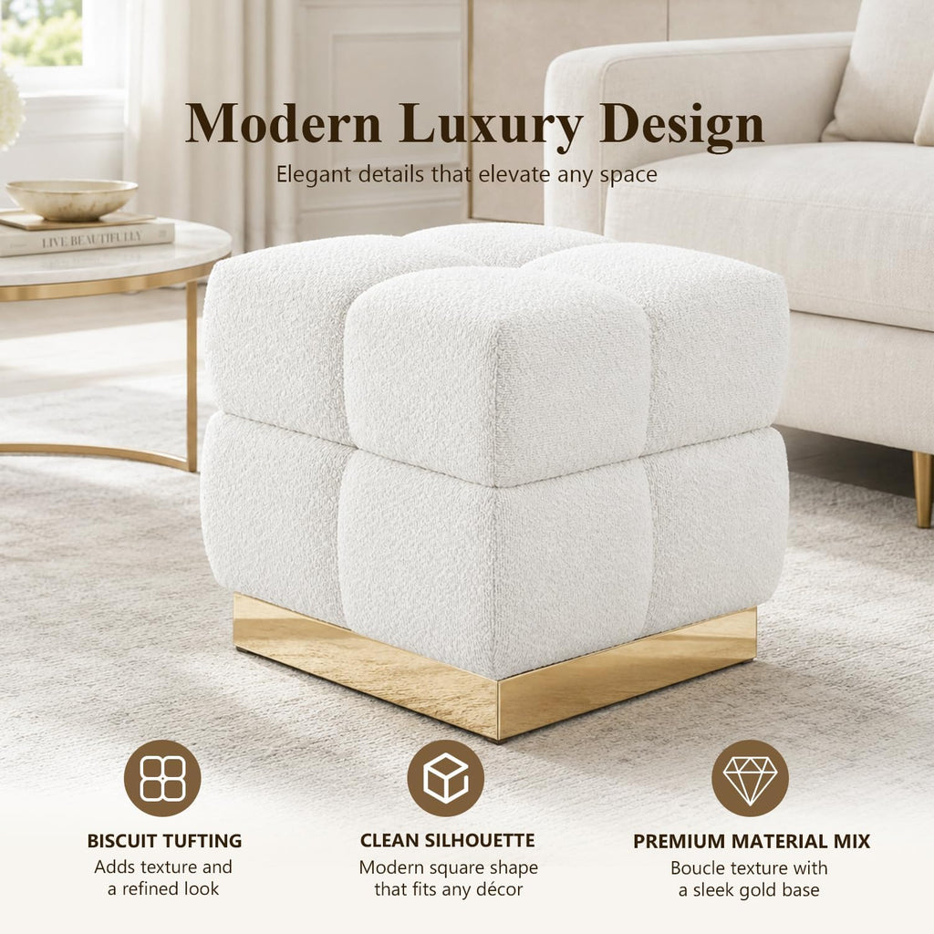 Boucle Storage Ottoman Stool, Modern Vanity Stool with Biscuit Tufting and Gold Stainless Steel Base, Square Ottoman Foot Stool for Living Room, Bedroom, Entryway, White