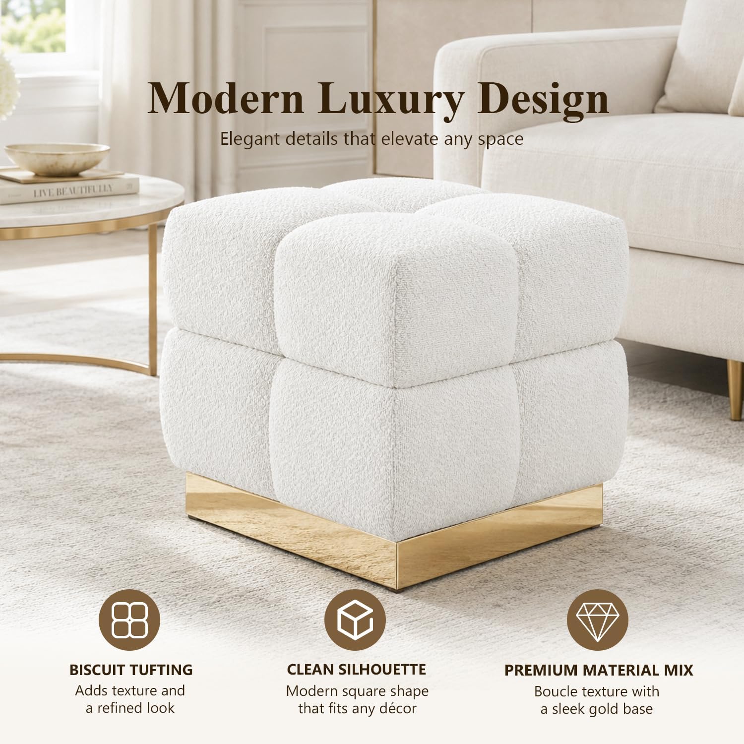 Boucle Storage Ottoman Stool, Modern Vanity Stool with Biscuit Tufting and Gold Stainless Steel Base, Square Ottoman Foot Stool for Living Room, Bedroom, Entryway, White