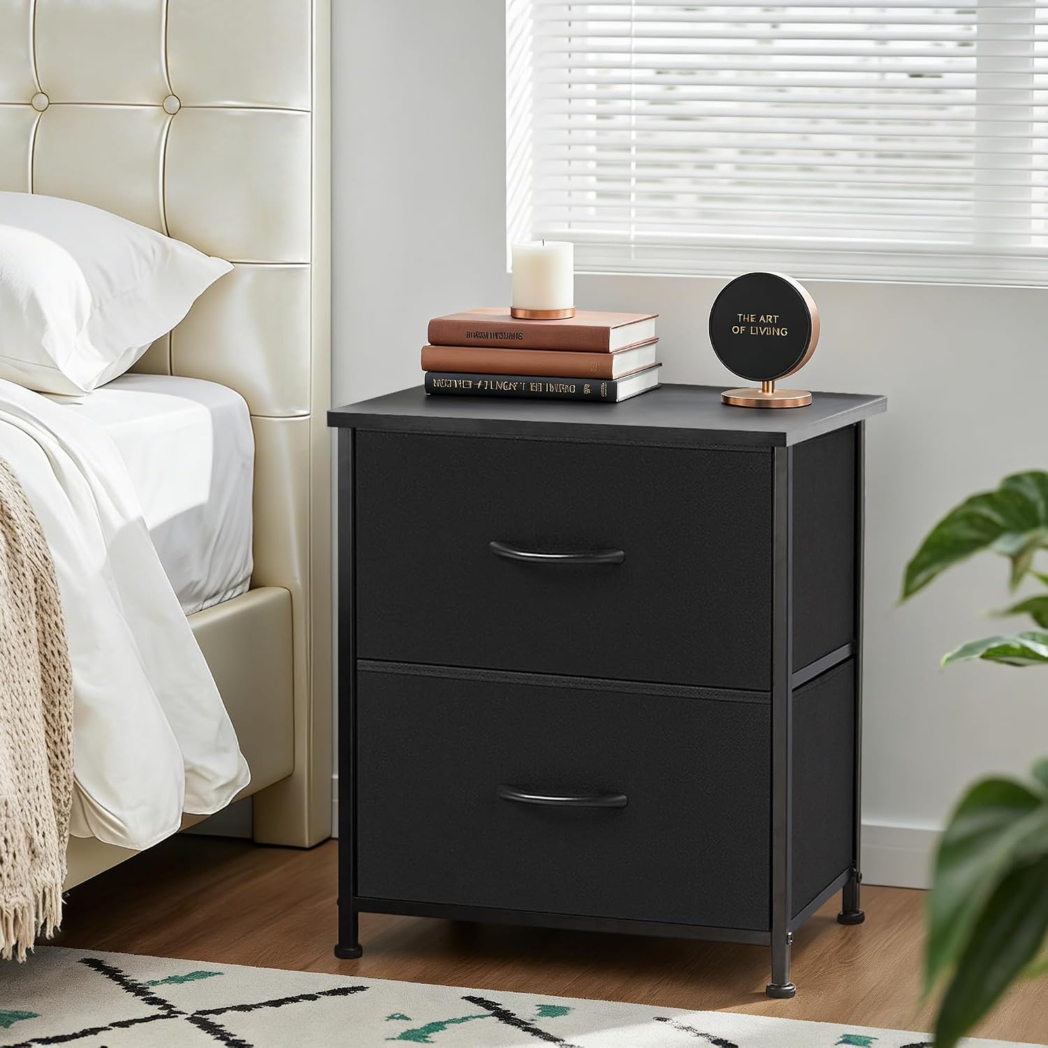 Nightstand Set of 2, Small 2 Drawer Dresser End Table Bedside Furniture, Wooden Top Fabric Bins for Bedroom, Closet, Entryway, Dorm, 11.8" D x 18" W x 20", Black