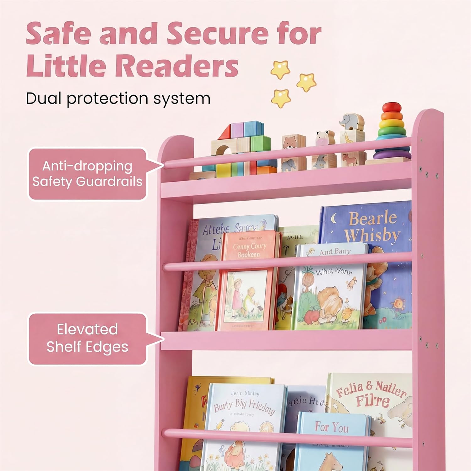 HONEY JOY Kids Bookshelf, Wall Mounted Shelf with Basswood Crossbar & Raised Edge, 4-Tier Bookshelf Organizer for Toys and Books, Space-Saving Wall Book Rack for Bedroom, Living Room, Nursery (Pink)