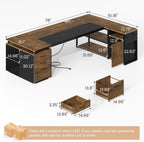 78" Executive Desk with Lockable File Cabinet, L Shaped Office Desk with Power Outlets, Large Executive Desk with Drawers and Storage Shelves, Reversible Computer Desk, Rustic Brown