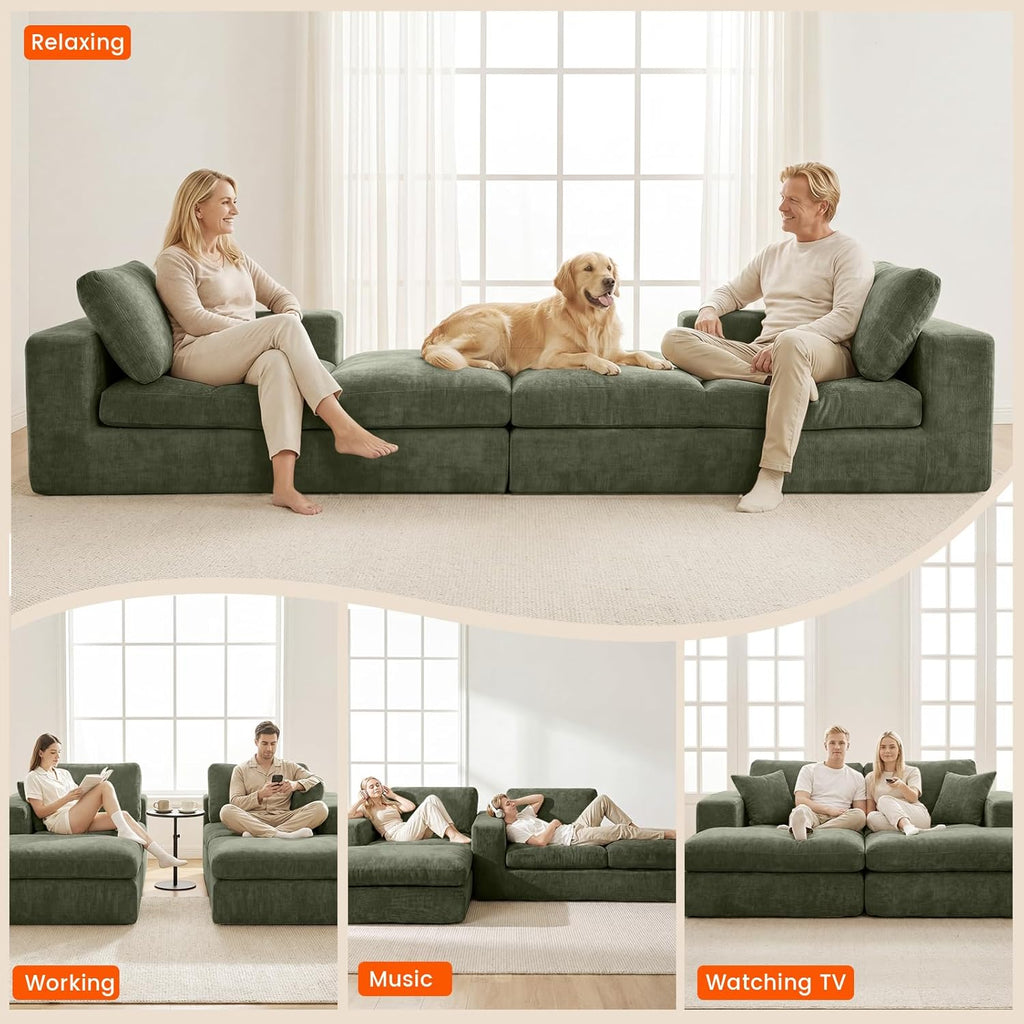 80.7" Oversized Double Chaise Lounge Chair Indoor, Cloud Boneless Sleeper Sofa Bed with 4 Pillows, Extra Deep Seat Cozy Loveseat Couch for Living Room Bedroom, No Assembly Required (Green)