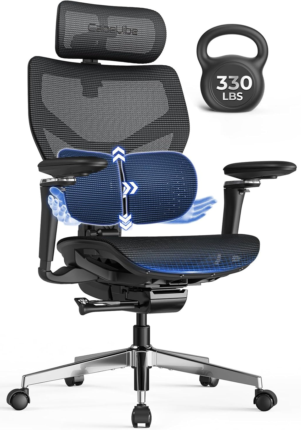Ergonomic Office Chair with Lumbar Support - Over 10 Hours Sitting Comfortable, Mesh Big and Tall Home Computer Desk Chairs, 4D Headrest, 630° Armrst, Seat Depth Adjustable, 330 LBS