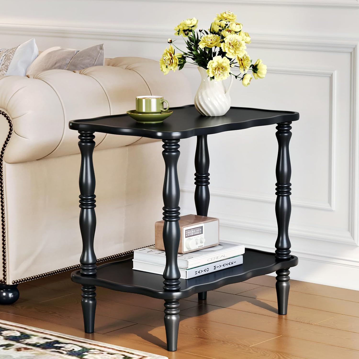 CozyDH Solid Wood End Side Table for Living Room - Small Wooden Nightstand for Bedroom, Black