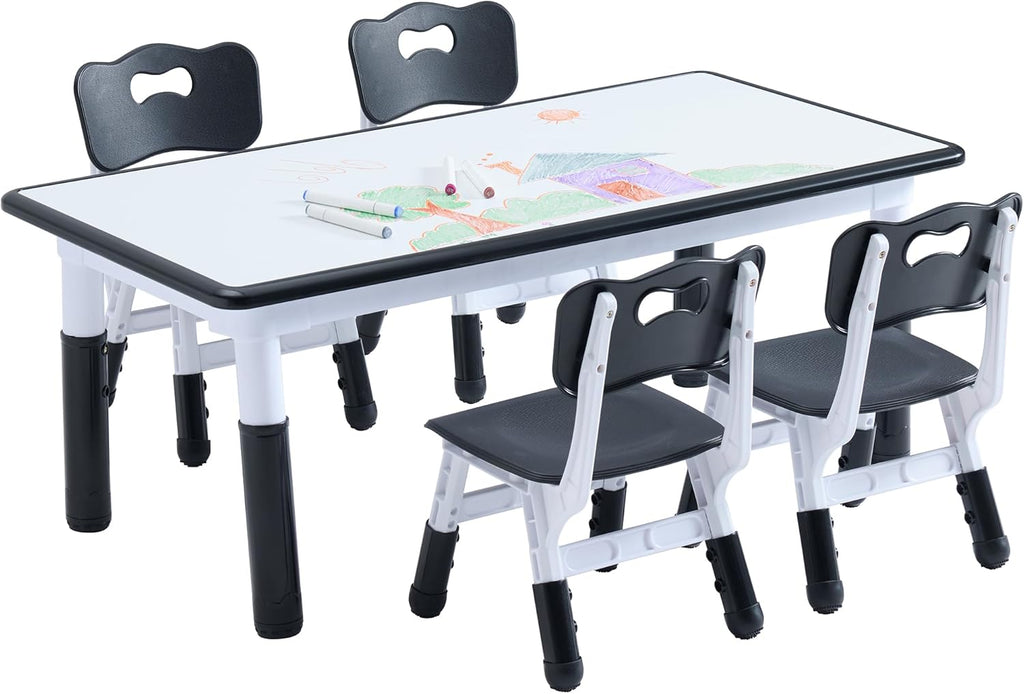 Kids Table and 4 Chairs Set, Height Adjustable Toddler Table and Chair Set, Toddler Desk with Graffiti Desktop & Non-Slip Legs, Children Activity Table for Daycare, Classroom (Black)