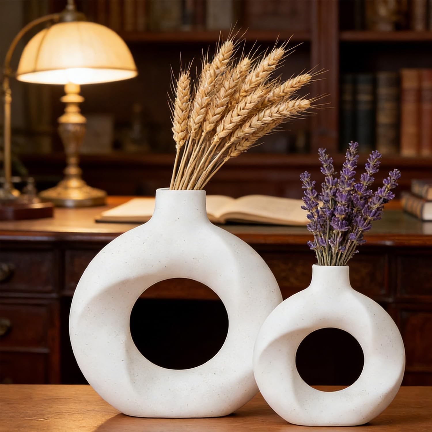 Donut Ceramic Vase Set of 2,Nordic Modern,Hollow,Decorative Ceramic Aesthetic Flower Vase for Home Decor Table Centerpiece Wedding Dining Living Room Office Bookshelf (White)