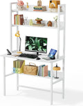 Aquzee Computer Desk with Hutch, 40“W x 19.6" D Desk with Shelves, Tall Home Office Desk with Bookshelf, Metal Legs Study Table with Upper Storage Shelf for Study Writing/Workstation, White