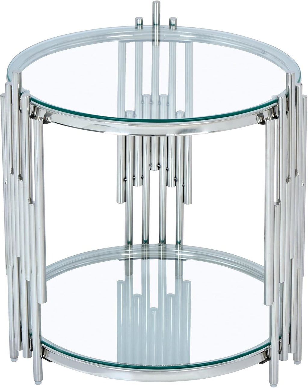 SSLine Round Glass Side Table with Silver Stainless Steel Frame Luxury Circle 2-Tier End Table for Living Room Modern Elegant Bedside Table with Storage Shelves for Home Office