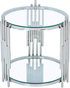 SSLine Round Glass Side Table with Silver Stainless Steel Frame Luxury Circle 2-Tier End Table for Living Room Modern Elegant Bedside Table with Storage Shelves for Home Office