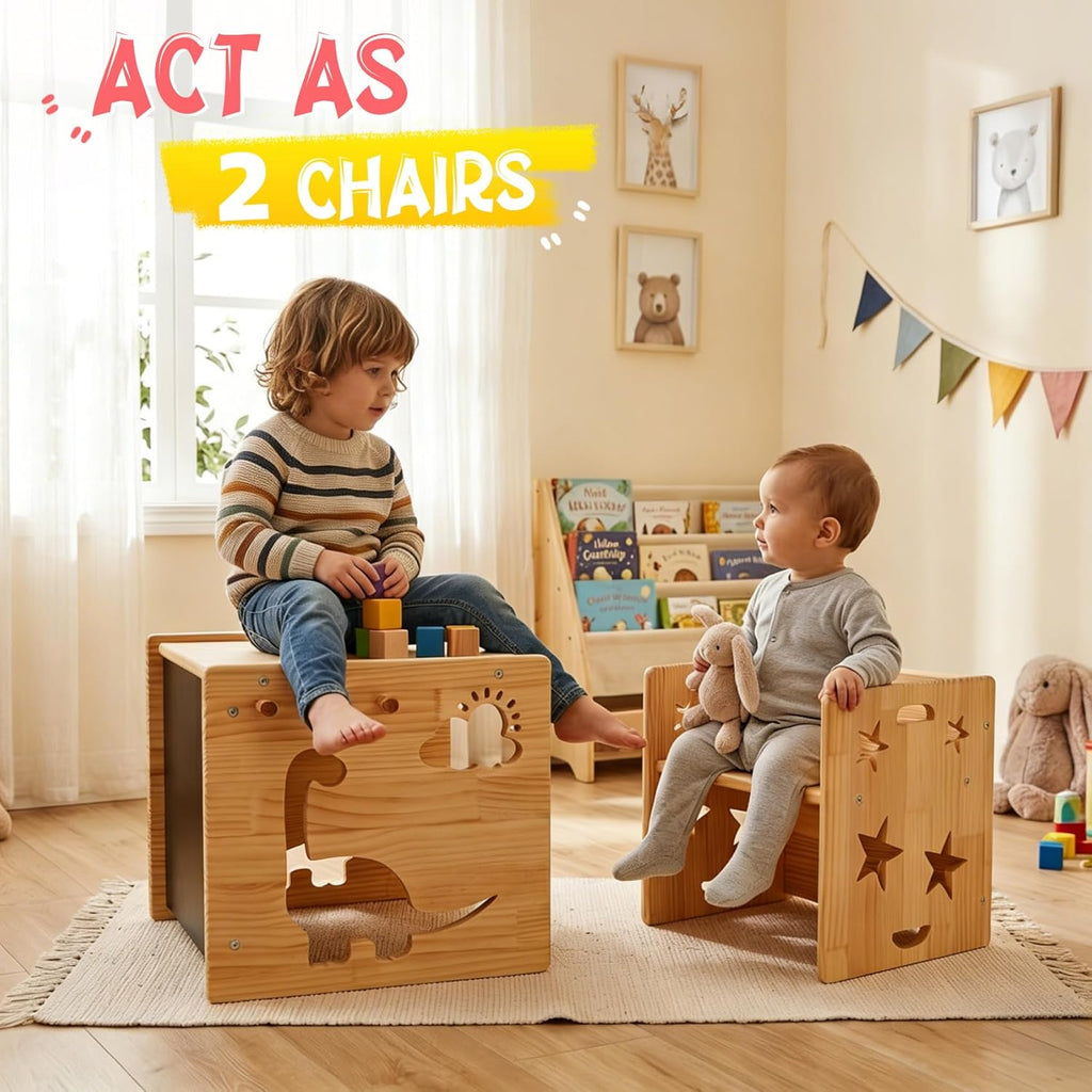 Montessori Weaning Table and Chair Set, 1-3 Year Old Kids Table and Chairs with Blackboard, Wooden Toddler Table and Chair Set Storage Hooks, Puzzle Storage Boards, for Dining, Sketching, and Reading