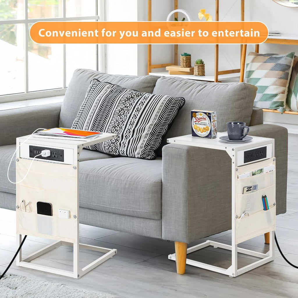 C Shaped End Table Set of 2, TV Tray with Charging Station, USB Ports and Outlets, Slide Under Couch, Storage Bag, for Small Spaces (White)