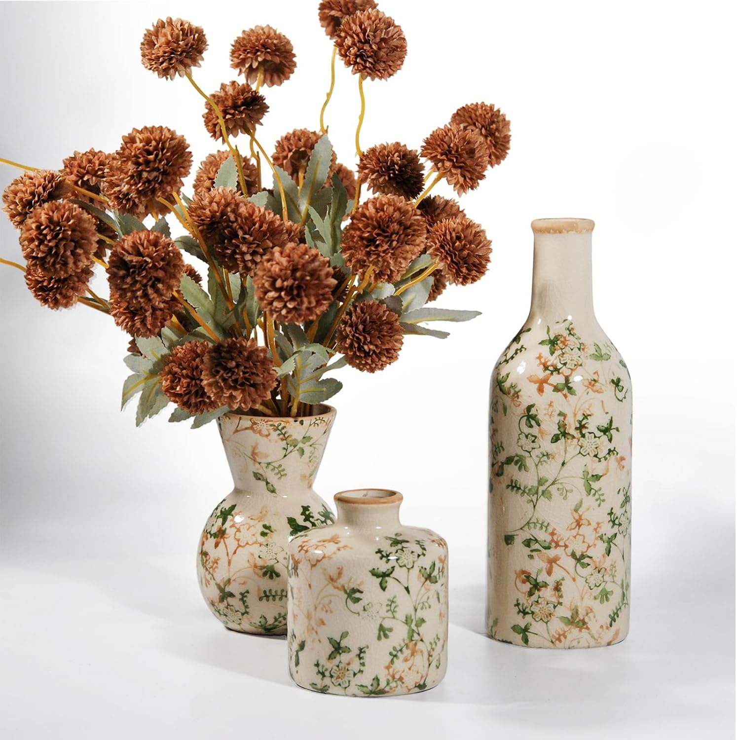 3-Piece Set Vintage Green and White Ceramic Vase, Home Decor Centerpiece, Includes 8 Brown Artificial Autumn Chrysanthemum Flowers