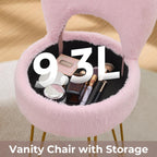 Faux Fur Pink Small Vanity Chair & Stool - 13" Dx13 W Folding Back Storage Ottoman, Anti-Slip Golden V-Leg for Bedroom Makeup Room