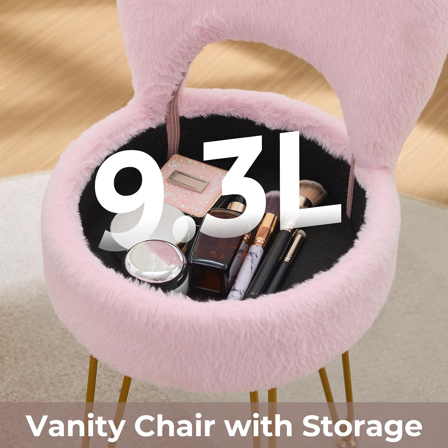 Faux Fur Pink Small Vanity Chair & Stool - 13" Dx13 W Folding Back Storage Ottoman, Anti-Slip Golden V-Leg for Bedroom Makeup Room