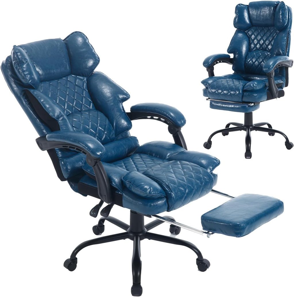 Big Tall Reclining Office Chair with Footrest, 400lbs Ergonomic Recliner Office Desk Chairs with Lumbar Support, Heavy Duty High Back Vintage Leather Executive Computer Chair with Wheels, Blue