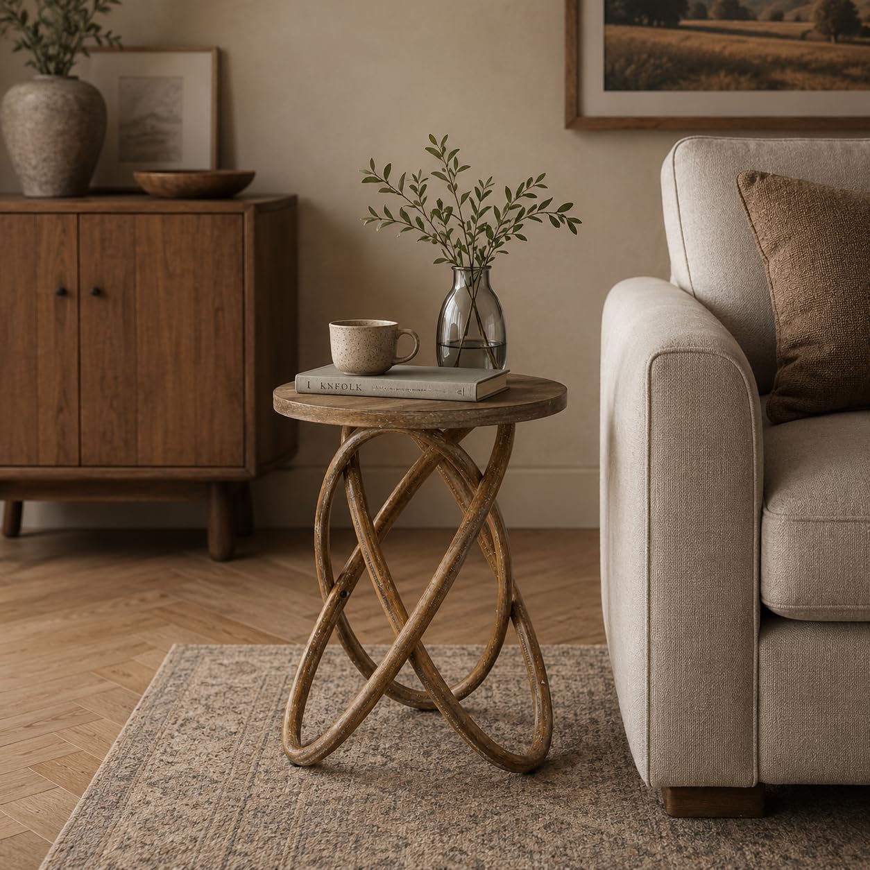 Farmhouse Round End Table with Curved Crossed Base, Natural Brown | Rustic Wood Sofa Side Table, Plant Stand for Living Room, Small Space, Easy Assembly