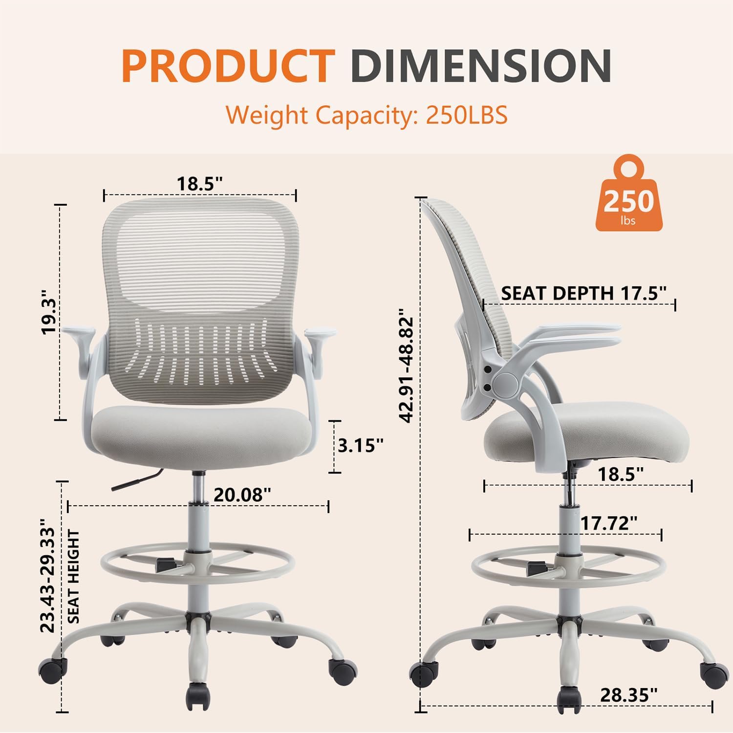 Drafting Chair, Desk Chair with Flip-Up Armrests, High Desk Chair Adjustable Height, Ergonomic Tall Office Chair with Lumbar Support and Adjustable Footrest Ringand Flip-up Armrests (Gray)